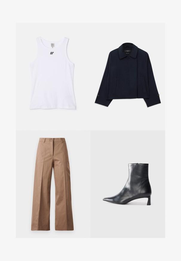 Navy blue wool blend jacket with a notched collar, two front pockets, and buttoned sleeves. Features a relaxed, cropped silhouette.; White cotton tank top with a round neckline and medium-width straps. Features a small black logo on the chest area. Smooth texture.; Brown wide-leg trousers made from a smooth fabric, featuring a front button closure, two front pockets, and clean, tailored lines.; Black leather ankle boot with a pointed toe and a sleek design. Features a low heel and a zipper closure at the back. Smooth texture.