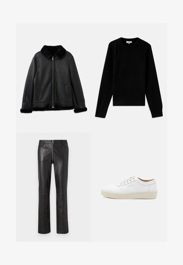 Čierna kožená bunda s mäkkým kožušinovým golierom, manžetami a lemom, s predným zipsom a dvoma vreckami s rozparkom.; Čierny pletený sveter s klasickým okrúhlym výstrihom. Má dlhé rukávy a rebrované manžety a lem. Vyrobený z mäkkého, ľahkého materiálu.; Čierne kožené nohavice s úzkym strihom, rovnými nohavicami a predným zipsom, dvoma přednými vreckami a hladkým, lesklým povrchom.; Biele kožené tenisky s textúrovaným povrchom, okrúly špička, béžová gumová podrážka a šesť sivých vystužených očiek na šnúrky, so subtílnym brandingom na boku.