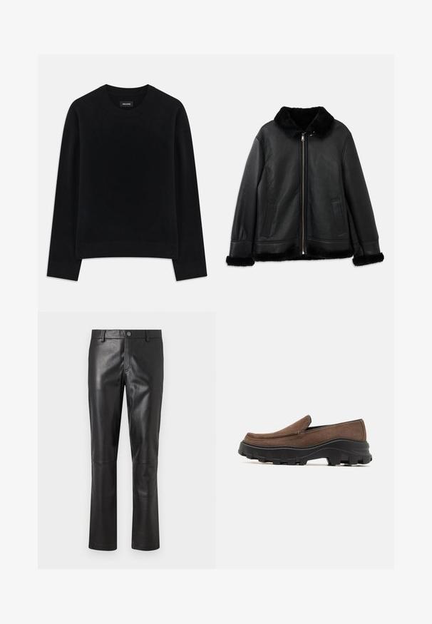 Chaqueta de cuero negro con suave cuello de piel, puños y dobladillo, que cuenta con una cremallera frontal y dos bolsillos con aberturas.; Suéter negro hecho de tela suave, con cuello redondo, mangas largas, corte relajado y dobladillo acanalado. Diseño simple y sólido sin patrones.; Pantalones de cuero negro con una textura suave, diseño de pierna recta y costuras sutiles a lo largo de las costuras. Presenta un cierre de botón en la cintura.; Zapato tipo slip-on de ante marrón con una gruesa suela de goma negra que presenta patrones de tracción marcados y un diseño de puntera suave y redondeada.