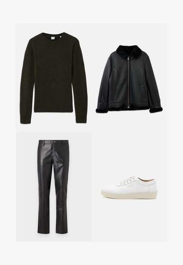 Veste en cuir noir avec un col, des poignets et un ourlet en fourrure douce, dotée d'une fermeture éclair à l'avant et de deux poches fendues.; Pull en maille de couleur vert foncé avec un col rond, des poignets et un ourlet côtelés. Texture douce, manches longues et design simple sans motifs.; Pantalon en cuir noir avec une texture lisse, design à jambes droites et couture subtile le long des coutures. Présente une fermeture à bouton à la taille.; Baskets en cuir blanc avec une finition texturée, bout rond, semelle en caoutchouc beige et six œillets pour lacets gris, avec un discret logo sur le côté.