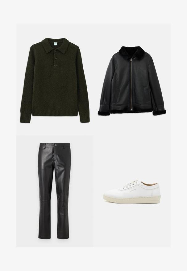 Fekete bőr dzseki puha szőrmével a galléron, az ujjakon és az alján, elöl cipzárral és két függőleges zsebbel.; Sötétzöld kötött pulóver gallérral, négy gombos kivágással, texturált anyaggal, bordázott mandzsettával és aljjal, amely kényelmes megjelenést biztosít.; Fekete bőrnadrág sima textúrával, egyenes lábformával és diszkrét varrással a varratok mentén. A deréknál gombos záródással rendelkezik.; Fehér bőr sportcipő textúrázott felülettel, kerek orral, bézs gumitalppal és hat szürke fűzőlyukkal, melyen diszkrét logó található az oldalon.