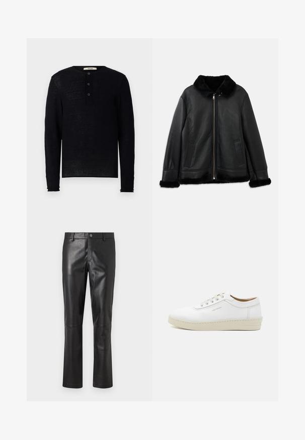 Veste en cuir noir avec un col, des poignets et un ourlet en fourrure douce, dotée d'une fermeture éclair à l'avant et de deux poches fendues.; Chemise henley à manches longues noire en tissu doux, avec un col rond et trois boutons à l'avant. Coupe légèrement ample avec des poignets côtelés.; Pantalon en cuir noir avec une texture lisse, design à jambes droites et couture subtile le long des coutures. Présente une fermeture à bouton à la taille.; Baskets en cuir blanc avec une finition texturée, bout rond, semelle en caoutchouc beige et six œillets pour lacets gris, avec un discret logo sur le côté.