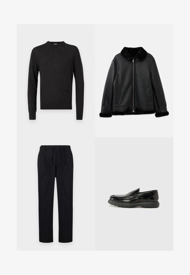 Zwarte leren jack met een zachte bontkraag, -manchetten en -zoom, voorzien van een rits aan de voorkant en twee schuine zakken.; Zwarte, langmouwige trui met ronde hals, gemaakt van soepel materiaal, met een subtiel logo aan de zijkant en een getailleerde pasvorm.; Zwarte broek van gladde stof, met een elastische tailleband, rechte pijpen en plooien aan de voorkant voor een gestructureerde uitstraling.; Zwarte leren instapper met een glanzende afwerking, een ronde neus, subtiele stiksels en een dikke rubberen zool voor duurzaamheid.