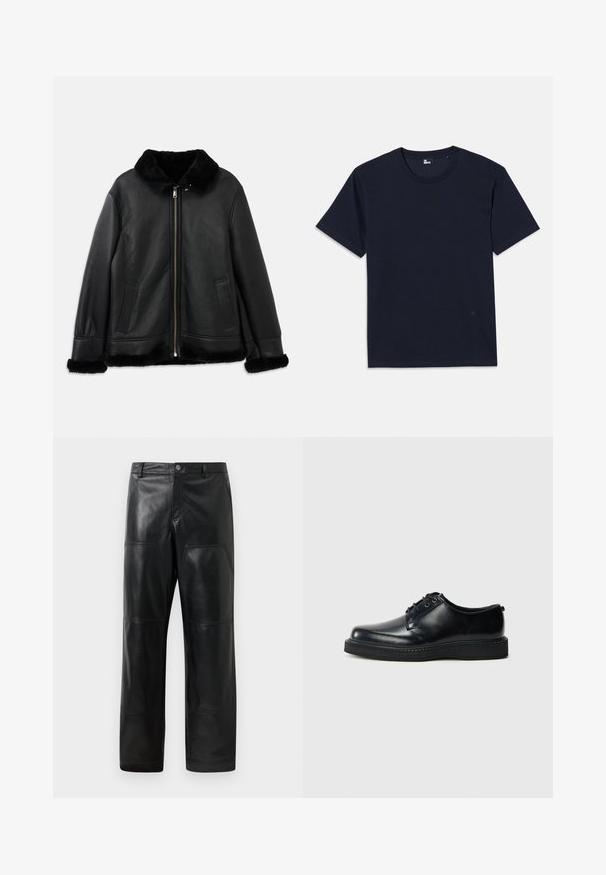 Černá kožená bunda s měkkým kožešinovým límcem, manžetami a spodním lemem, s předním zipem a dvěma bočními kapsami.; Námořnická modrá bavlněná tričko s krátkým rukávem, kulatým výstřihem a minimálními švy. Jednoduchý design bez viditelných vzorů nebo akcentů.; Černé kožené kalhoty s rovnými nohavicemi, vyznačující se viditelnými švy, bočními kapsami a klasickým pasem se zapínáním na knoflík.; Černé kožené šněrovací boty s kulatou špičkou, hladkým povrchem a strukturovanou černou gumovou podrážkou. Minimalistický design bez viditelných vzorů.