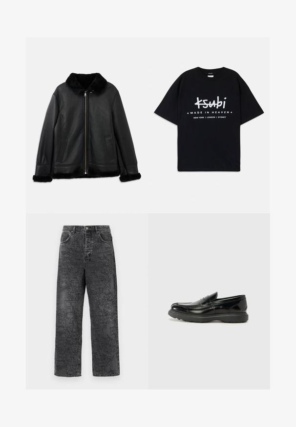 Musta nahkatakki, jossa on pehmeä turkiskaulus, hihansuut ja helma, edessä vetoketju ja kaksi viilto-taskua.; Musta puuvillapaita, jossa on rento istuvuus. Ominaisuuksina valkoinen graafinen teksti "ksubi" ja "MADE IN HEAVEN" kaupungin nimillä alla. Klassinen crew neck -design.; Mustat farkut, joissa on rento istuvuus ja näkyviä graafisia kuvioita. Ominaisuuksiin kuuluvat napin suljenta, vyölenkit ja etutaskut.; Mustat nahkakengät, joissa on kiiltävä pinta, pyöreä kärki, huomaamaton ompelu ja paksu kumipohja kestävyyttä varten.