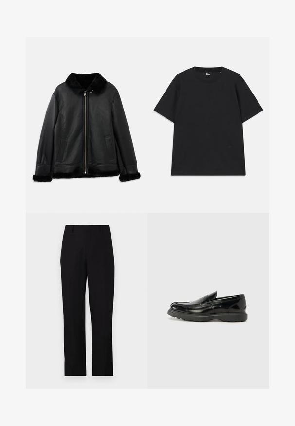 Crna kožna jakna s mekim krznom na ovratniku, rukavima i rubu, koja ima prednji patentni zatvarač i dva proreza u džepovima.; Crna kratkotrajna majica s kratkim rukavima od pamuka, s okruglim izrezom i malim logotipom blizu rubova. Glatka tekstura, klasičan kroj.; Crne hlače ravnog kroja. Napravljene od glatkog materijala, s ravnim prednjim dijelom, petljama za pojas i bočnim džepovima. Jednostavan dizajn, bez vidljivih uzoraka.; Crne kožne mokasine s sjajnom završnom obradom, okruglim vrhom, suptilnim detaljima šivanja i debelim gumenim đonom za izdržljivost.