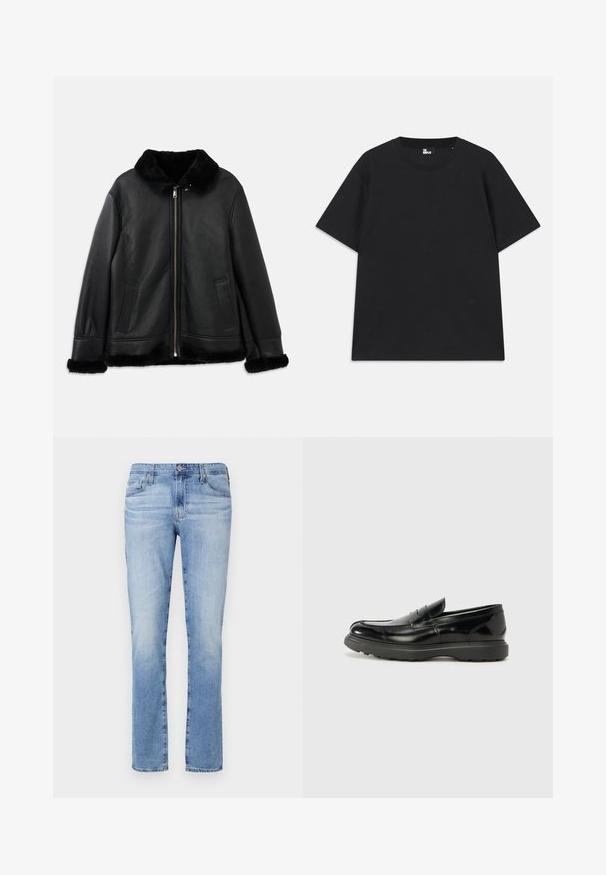 Must musta mantel pehmea karusnaha krae, otsmikuosade ja hemiga, ees luku ja kahe lõhiku taskuga.; Must värviline lühikeste varrukatega T-särk, mis on valmistatud puuvillast, ümmarguse kaelusega ja väikese logo detailiga allääres. Sile tekstuur, regulaarne lõige.; Heledad sinine teksarihmadega sirge lõikega, millel on nupuga sulgemine, viis taskut ja kergelt tuhmuvad kangad.; Must musta nahk loafer läikiva viimistlusega, ümar varvas, delikaatsed õmblusdetailid ja paks kummist tallad vastupidavuse tagamiseks.