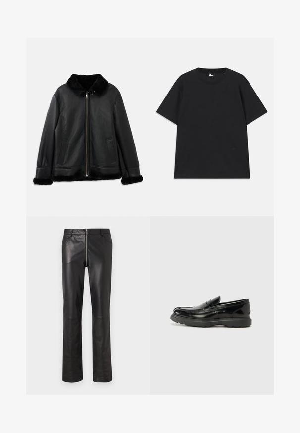 Svart läderjacka med mjuk pälskrage, manschetter och fåll, med en frontdragkedja och två snittfickor.; Svart kortärmad t-shirt i bomull, med rund halsringning och en liten logodetalj nära fållen. Slät textur, normal passform.; Svarta läderbyxor med slim fit, raka ben och dragkedja framtill, samt två framfickor och en slät, glänsande yta.; Svart läderloaferskor med en glänsande yta, rund tå, diskreta söm detaljer och en tjock gummisula för hållbarhet.