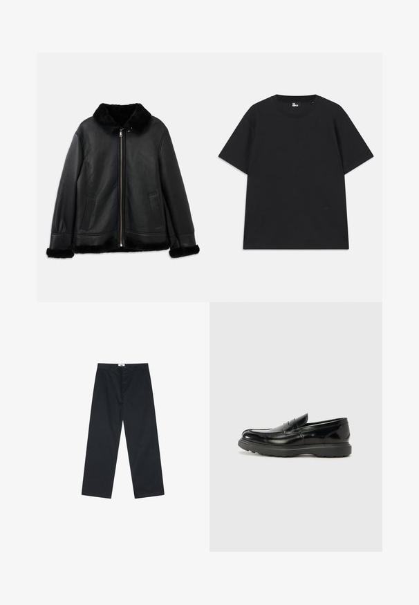 Črna usnjena jakna z mehkim krznom na ovratniku, manšetah in robu, z zadrgo spredaj in dvema žeprakoma.; Črn kratkosleeven majica iz bombaža, z okroglim izrezom in majhnim logotipom pri robu. Gladka tekstura, običajen kroj.; Črne bombažne hlače s ravnim krojem, opremljene z gumbom in preprostim pasom. Brez vzorcev ali dodatnih poudarkov.; Črne usnjene loafer čevlje z sijajno obdelavo, okroglo špico, subtilnimi šivi in debelim gumijastim podplatom za trajnost.