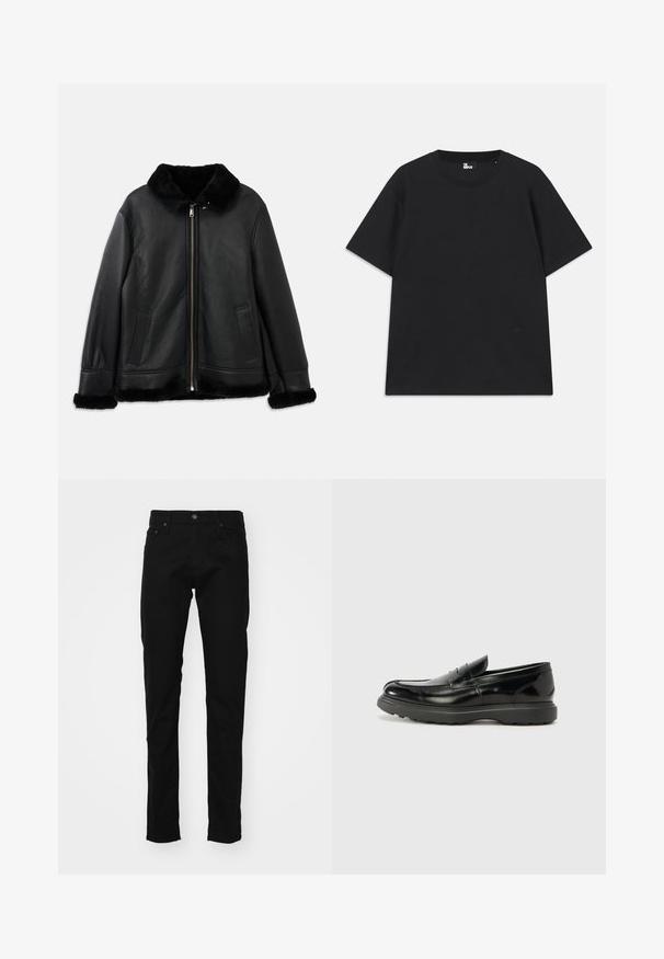 Juodas odinis švarkas su minkštu kailiniu apykakle, rankogaliais ir apatine dalimi, turintis priekį užtrauktuką ir dvi kišenes.; Juoda trumpomis rankovėmis marškinėliai iš medvilnės, su apvalia iškirpte ir mažo logo detale šalia apatinės siūlės. Lygus paviršius, standartinė silueto forma.; Juodi džinsai su siauru kirpimu, turintys klasiką penkių kišenių dizainą, metalinę mygtuką ir siuvinėjimo detales ant kišenių.; Juodas odinis loaferis su blizgiu paviršiumi, apvaliu pirštu, subtiliais siūlių detalėmis ir storu guminio pado, užtikrinančio ilgaamžiškumą.