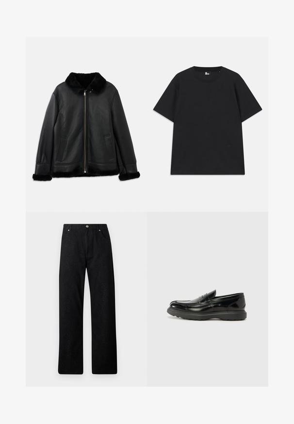 Giacca in pelle nera con colletto in morbido pellicciotto, polsini e orlo, dotata di zip frontale e due tasche a fessura.; T-shirt nera a maniche corte in cotone, con scollo rotondo e un piccolo logo vicino all'orlo. Tessuto liscio, vestibilità regolare.; Pantaloni neri con un motivo in pelle di serpente testurizzato, dotati di una vestibilità a gamba dritta, due tasche frontali e chiusura con bottone metallico.; Mocassino in pelle nera con finitura lucida, punta arrotondata, dettagli di cucitura sottili e suola in gomma spessa per una maggiore durata.