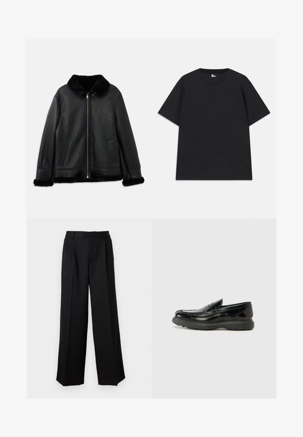 Black leather jacket with soft fur collar, cuffs, and hem, featuring a front zipper and two slit pockets.; Black short-sleeve t-shirt made of cotton, featuring a round neckline and a small logo detail near the hem. Smooth texture, regular fit.; Paul & Joe PANTALON - Trousers - noir; Black leather loafer with a glossy finish, rounded toe, subtle stitching details, and a thick rubber sole for durability.