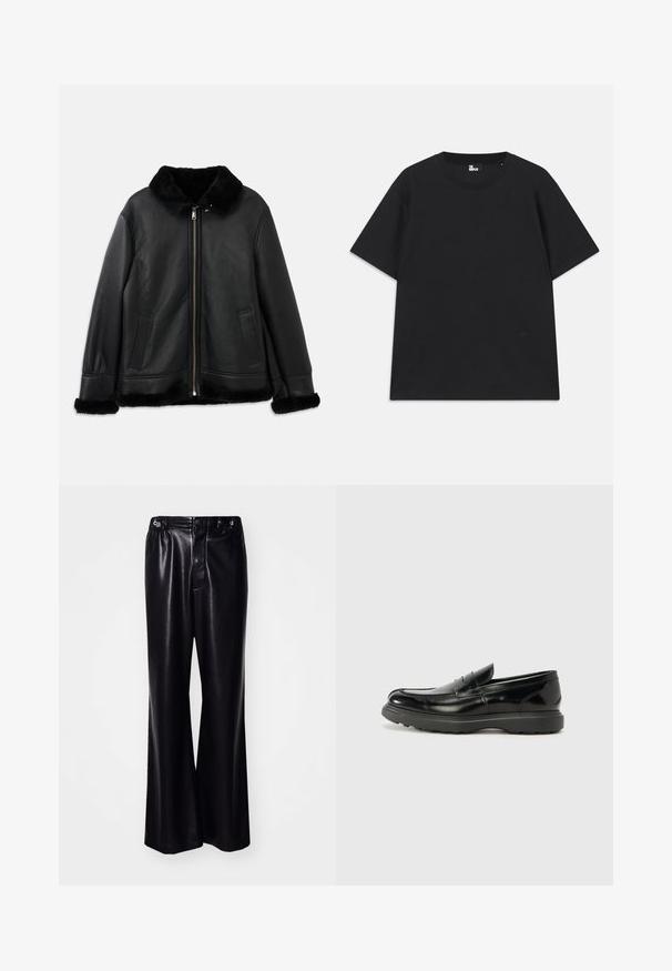 Czarna skórzana kurtka z miękkim futrzanym kołnierzem, mankietami i dołem, z zapięciem na zamek błyskawiczny z przodu oraz dwoma kieszeniami w formie szczelin.; Czarna koszulka z krótkim rękawem wykonana z bawełny, z okrągłym dekoltem i małym detalem logo blisko dolnej krawędzi. Gładka faktura, standardowy krój.; Czarne szerokie spodnie z sztucznej skóry o wysokim stanie, z zapięciem na guzik z przodu oraz subtelnym połyskiem. Gładka faktura, uniwersalny design.; Czarne skórzane mokasyny o błyszczącym wykończeniu, zaokrąglonym nosku, subtelnych detalach szycia i grubym gumowym spodzie dla trwałości.