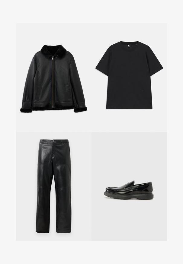 Must musta mantel pehmea karusnaha krae, otsmikuosade ja hemiga, ees luku ja kahe lõhiku taskuga.; Must värviline lühikeste varrukatega T-särk, mis on valmistatud puuvillast, ümmarguse kaelusega ja väikese logo detailiga allääres. Sile tekstuur, regulaarne lõige.; Mustad nahkpüksid sirge jala disainiga, nähtavate õmblemise detailidega, küljetaskutega ja klassikalise vöökoha ning nööbiga kinnitusega.; Must musta nahk loafer läikiva viimistlusega, ümar varvas, delikaatsed õmblusdetailid ja paks kummist tallad vastupidavuse tagamiseks.