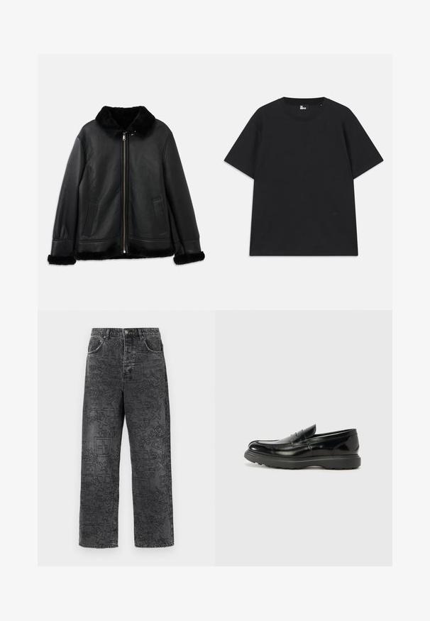 Black leather jacket with soft fur collar, cuffs, and hem, featuring a front zipper and two slit pockets.; Black short-sleeve t-shirt made of cotton, featuring a round neckline and a small logo detail near the hem. Smooth texture, regular fit.; Black denim jeans with a relaxed fit and visible graphic patterns. Features include a button closure, belt loops, and front pockets.; Black leather loafer with a glossy finish, rounded toe, subtle stitching details, and a thick rubber sole for durability.
