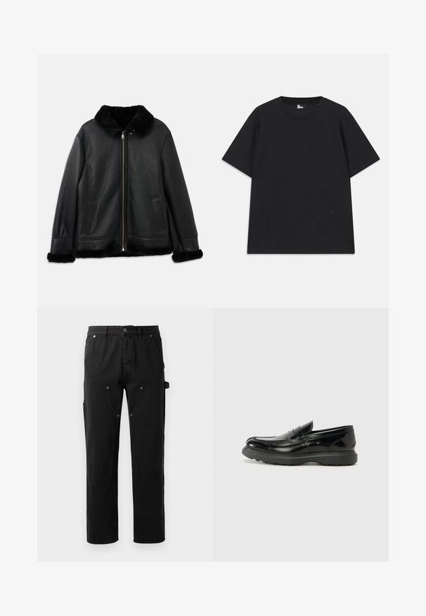 Črna usnjena jakna z mehkim krznom na ovratniku, manšetah in robu, z zadrgo spredaj in dvema žeprakoma.; Črn kratkosleeven majica iz bombaža, z okroglim izrezom in majhnim logotipom pri robu. Gladka tekstura, običajen kroj.; Črne bombažne hlače s ravnim krojem, dvema sprednjima žepoma, stranskim utility žepom in podrobnostmi na gumb.; Črne usnjene loafer čevlje z sijajno obdelavo, okroglo špico, subtilnimi šivi in debelim gumijastim podplatom za trajnost.