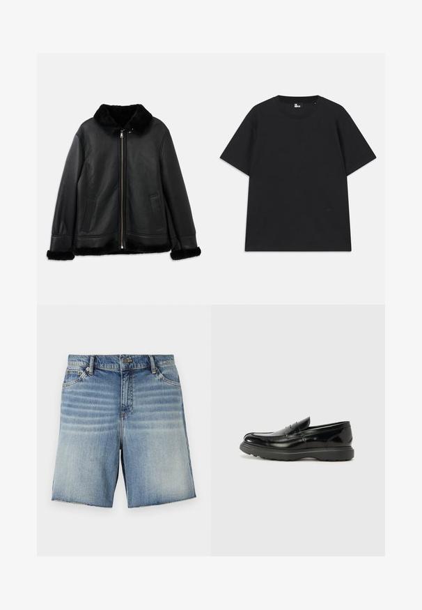 Casaco de cabedal preto com colarinho de pelúcia suave, punhos e bainha, apresentando um fecho éclair frontal e dois bolsos laterais.; Camiseta preta de mangas curtas em algodão, com decote redondo e um pequeno detalhe de logo perto da bainha. Textura suave, corte regular.; Calções de ganga em azul claro com um design desbotado, estilo de cinco bolsos e acabamento com bainha crus. Apresenta botão de metal e fecho com zipper.; Mocassim de couro preto com acabamento brilhante, bico arredondado, detalhes de costura subtil e sola de borracha espessa para durabilidade.