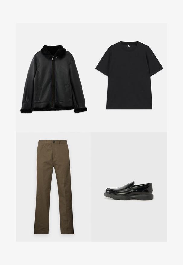 Juodas odinis švarkas su minkštu kailiniu apykakle, rankogaliais ir apatine dalimi, turintis priekį užtrauktuką ir dvi kišenes.; Juoda trumpomis rankovėmis marškinėliai iš medvilnės, su apvalia iškirpte ir mažo logo detale šalia apatinės siūlės. Lygus paviršius, standartinė silueto forma.; Rudi medvilniniai kelnių su tiesiais kirpimu, su sagos uždarymu ir šoninėmis kišenėmis, demonstruojami prieš baltą fono.; Juodas odinis loaferis su blizgiu paviršiumi, apvaliu pirštu, subtiliais siūlių detalėmis ir storu guminio pado, užtikrinančio ilgaamžiškumą.