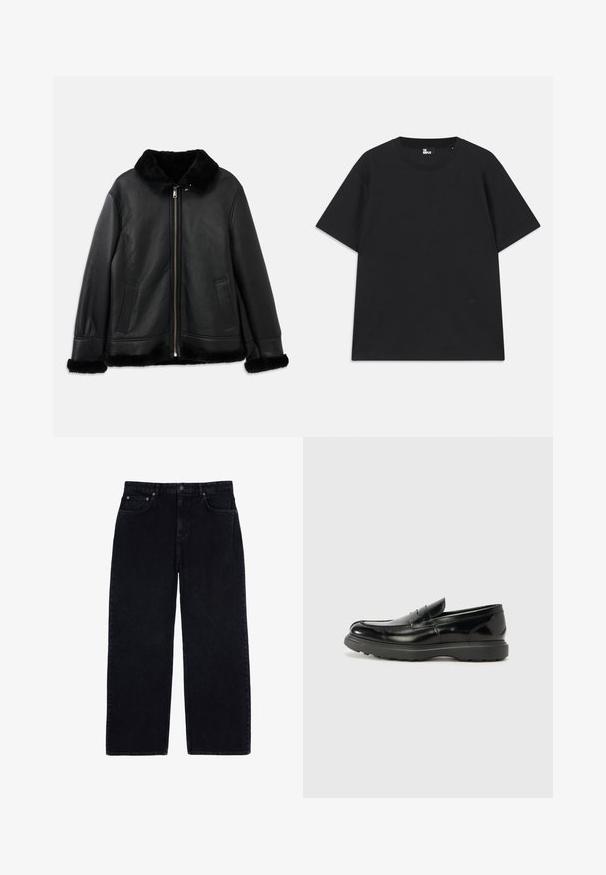 Black leather jacket with soft fur collar, cuffs, and hem, featuring a front zipper and two slit pockets.; Black short-sleeve t-shirt made of cotton, featuring a round neckline and a small logo detail near the hem. Smooth texture, regular fit.; Wide-leg corduroy pants in dark blue, featuring a ribbed texture, standard five-pocket design, and metal button closure at the waist.; Black leather loafer with a glossy finish, rounded toe, subtle stitching details, and a thick rubber sole for durability.