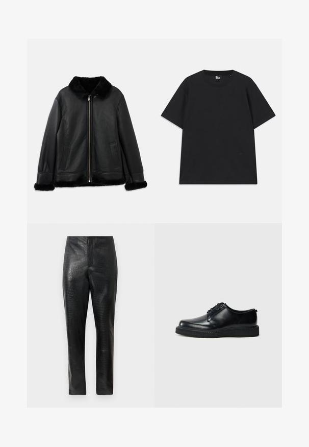 Černá kožená bunda s měkkým kožešinovým límcem, manžetami a spodním lemem, s předním zipem a dvěma bočními kapsami.; Černé tričko s krátkým rukávem z bavlny, s kulatým výstřihem a malým logem poblíž lemu. Hladká textura, běžný střih.; Černé kalhoty z umělé kůže s jemnou krokodýlí texturou, rovný střih a vysoký pas, vystavené na jasném bílém pozadí.; Černé kožené šněrovací boty s kulatou špičkou, hladkým povrchem a strukturovanou černou gumovou podrážkou. Minimalistický design bez viditelných vzorů.