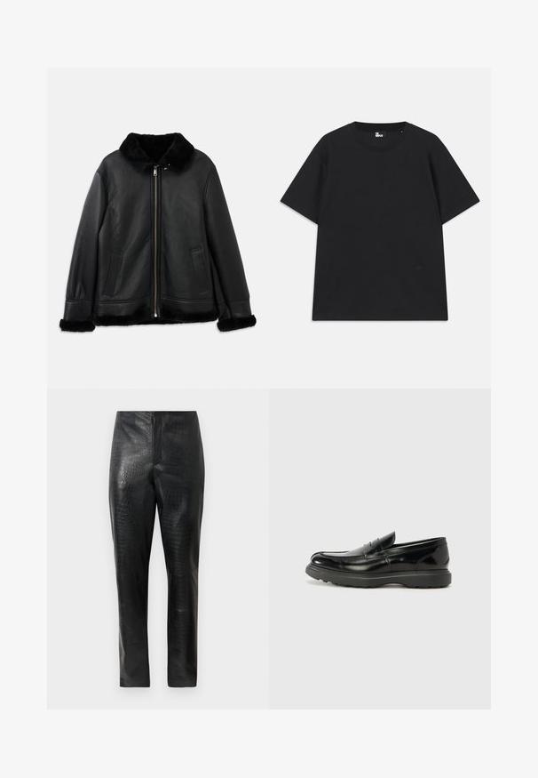 Zwarte leren jack met een zachte bontkraag, -manchetten en -zoom, voorzien van een rits aan de voorkant en twee schuine zakken.; Zwart kortebril T-shirt van katoen, met een ronde hals en een klein logo detail near de zoom. Gladde textuur, normale pasvorm.; Zwarte faux leren broeken met een subtiele krokodillenstructuur, rechte pijpen en een hoge taille, weergegeven tegen een witte achtergrond.; Zwarte leren instapper met een glanzende afwerking, een ronde neus, subtiele stiksels en een dikke rubberen zool voor duurzaamheid.