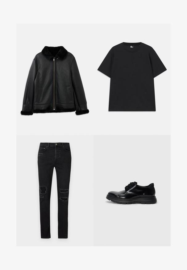 Casaco de cabedal preto com colarinho de pelúcia suave, punhos e bainha, apresentando um fecho éclair frontal e dois bolsos laterais.; Camiseta preta de mangas curtas em algodão, com decote redondo e um pequeno detalhe de logo perto da bainha. Textura suave, corte regular.; Jeans de ganga pretos com um ajuste slim, apresentando rasgos desgastados nos joelhos, costura tonal e um fecho clássico de botão e fecho de correr.; Sapato preto de pele com atacadores e acabamento liso, solado de borracha durável e bico arredondado. Apresenta ilhós para os atacadores e uma marcação discreta.