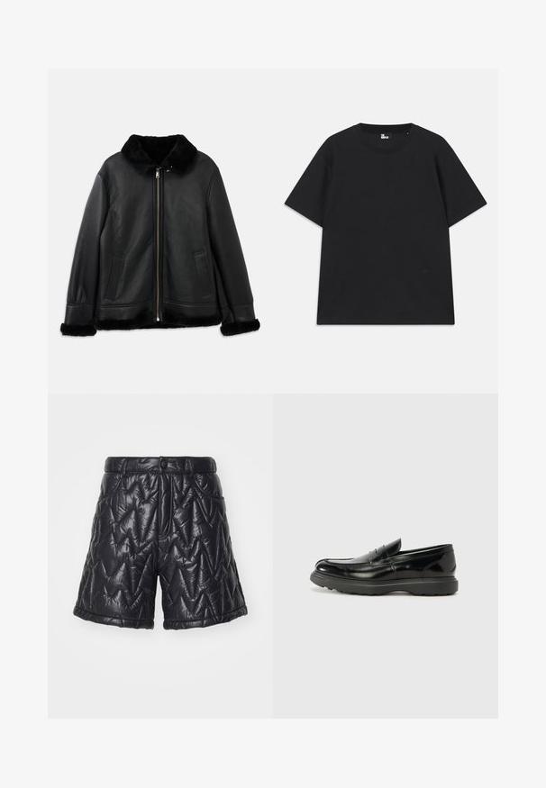 Zwarte leren jack met een zachte bontkraag, -manchetten en -zoom, voorzien van een rits aan de voorkant en twee schuine zakken.; Zwart kortebril T-shirt van katoen, met een ronde hals en een klein logo detail near de zoom. Gladde textuur, normale pasvorm.; Zwarte, gewatteerde shorts van glanzende, padded stof. Voorzien van een rits, voorzakken en een zigzagstiksels patroon op het oppervlak.; Zwarte leren instapper met een glanzende afwerking, een ronde neus, subtiele stiksels en een dikke rubberen zool voor duurzaamheid.