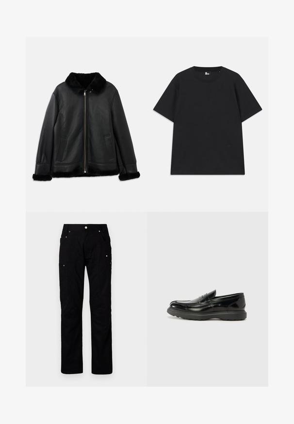 Crna kožna jakna s mekim krznom na ovratniku, rukavima i rubu, koja ima prednji patentni zatvarač i dva proreza u džepovima.; Crna kratkotrajna majica s kratkim rukavima od pamuka, s okruglim izrezom i malim logotipom blizu rubova. Glatka tekstura, klasičan kroj.; Crne cargo hlače napravljene od izdržljivog materijala s više džepova, ojačanom šavovima i metalnim detaljima za poboljšanu funkcionalnost.; Crne kožne mokasine s sjajnom završnom obradom, okruglim vrhom, suptilnim detaljima šivanja i debelim gumenim đonom za izdržljivost.