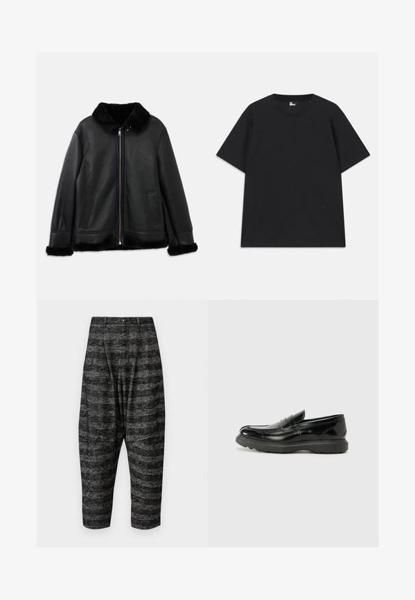 Casaco de cabedal preto com colarinho de pelúcia suave, punhos e bainha, apresentando um fecho éclair frontal e dois bolsos laterais.; Camiseta preta de mangas curtas em algodão, com decote redondo e um pequeno detalhe de logo perto da bainha. Textura suave, corte regular.; Calças cropped em padrão pied-de-poule preto e cinza, com cintura alta, pregas e bolsos frontais. Feitas de tecido texturizado.; Mocassim de couro preto com acabamento brilhante, bico arredondado, detalhes de costura subtil e sola de borracha espessa para durabilidade.