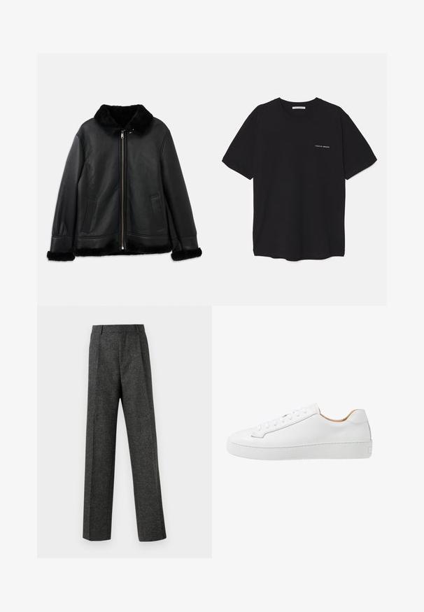Schwarze Lederjacke mit weichem Pelzkragen, -manschetten und -saum, ausgestattet mit einem Frontreißverschluss und zwei Schlitztaschen.; Schwarzes Baumwoll-T-Shirt mit Rundhalsausschnitt, kurzen Ärmeln und weißem Logodruck auf der linken Brust. Einfaches, einfarbiges Design.; Graue maßgeschneiderte Hose aus strukturiertem Stoff, mit zwei vorderen Falten und geradem Bein. Keine sichtbaren Taschen oder Verzierungen.; Weiße Ledersneaker mit glatter Oberfläche, abgerundeter Zehenpartie, flachem Schnürdesign und einer dicken Gummisohle mit strukturiertem Grip-Muster.