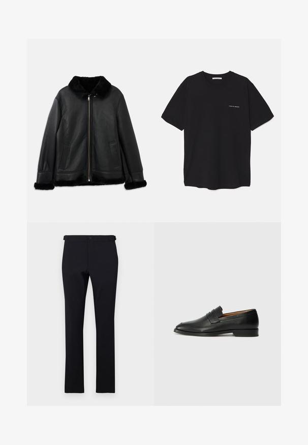 Schwarze Lederjacke mit weichem Pelzkragen, -manschetten und -saum, ausgestattet mit einem Frontreißverschluss und zwei Schlitztaschen.; Schwarzes Baumwoll-T-Shirt mit Rundhalsausschnitt, kurzen Ärmeln und weißem Logodruck auf der linken Brust. Einfaches, einfarbiges Design.; Schwarze, gerade geschnittene Hosen aus glattem Stoff. Mit Gürtelschlaufen, Knopfverschluss und ohne sichtbare Muster oder Akzente.; Schwarze Leder-Slipper mit runder Zehenform, dezenten gestickten Details und niedrigem Absatz, ausgestattet mit glatter Textur und minimalistischem Design.