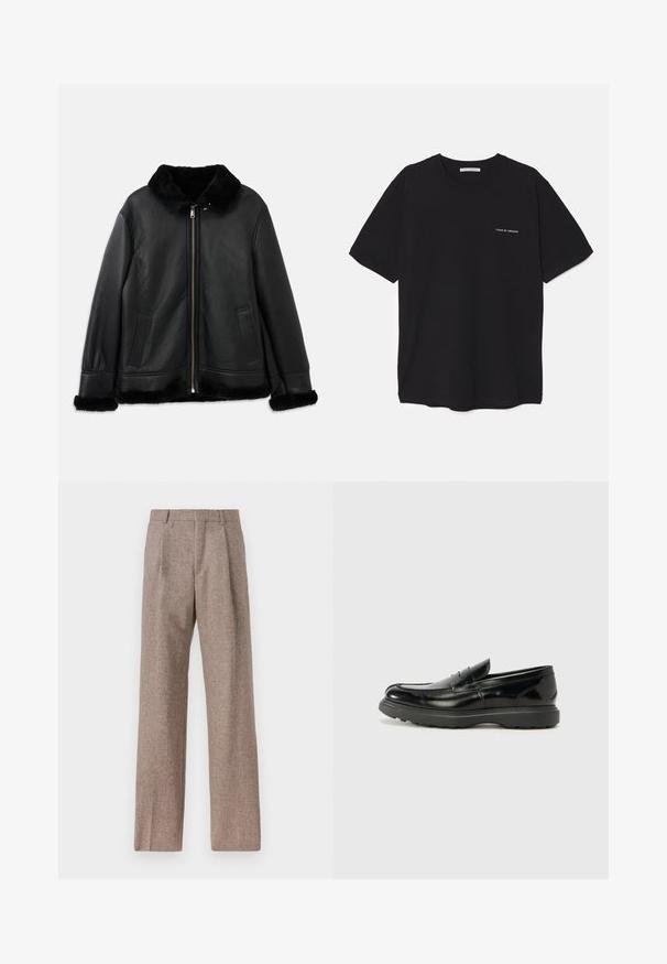 Črna usnjena jakna z mehkim krznom na ovratniku, manšetah in robu, z zadrgo spredaj in dvema žeprakoma.; Črna bombažna majica s kratkimi rokavi in okroglim ovratnikom, z belim logotipom natisnjenim na levi prsni strani. Preprost, enobarven dizajn.; Rjave hlače z visokim pasom, izdelane iz teksturirane tkanine. Imajo široke noge in dve sprednji pregibi za strukturo. Urejen zaključek brez vidne strojne opreme.; Črne usnjene loafer čevlje z sijajno obdelavo, okroglo špico, subtilnimi šivi in debelim gumijastim podplatom za trajnost.