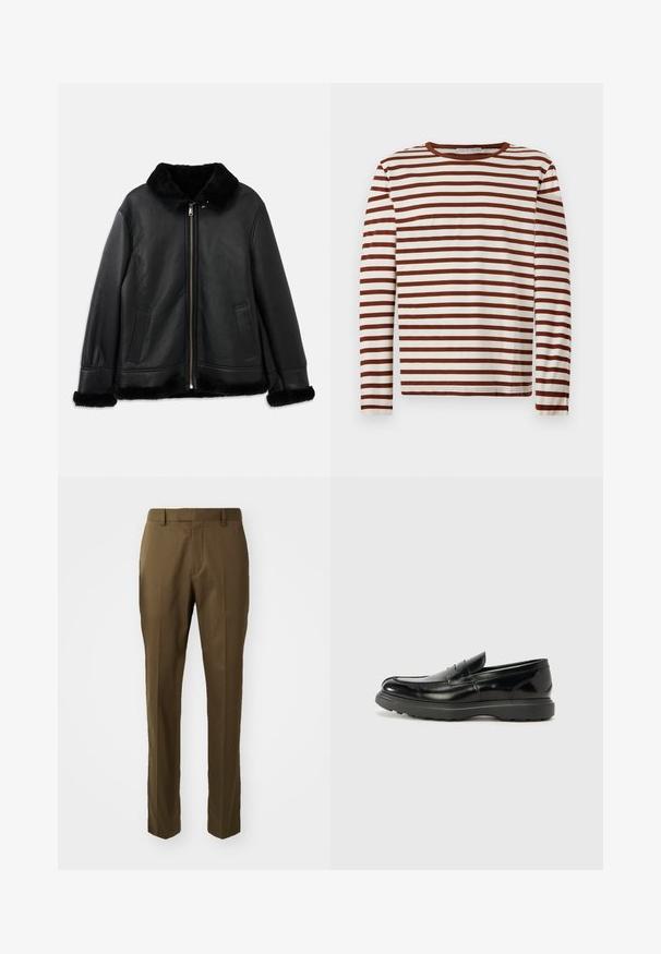 Must musta mantel pehmea karusnaha krae, otsmikuosade ja hemiga, ees luku ja kahe lõhiku taskuga.; Pikkade varrukatega ümar kaelusega särk, millel on horisontaalsed pruunid ja valged triibud, valgest pehmest kangast, lamab heledal taustal.; Pruunid kohandatud püksid sirge lõikega, valmistatud siledast kangast, küljetaskutega ja voldiga ees.; Must musta nahk loafer läikiva viimistlusega, ümar varvas, delikaatsed õmblusdetailid ja paks kummist tallad vastupidavuse tagamiseks.