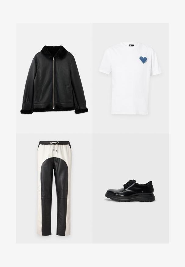 Černá kožená bunda s měkkým kožešinovým límcem, manžetami a spodním lemem, s předním zipem a dvěma bočními kapsami.; Bílý bavlněný tričko s modrou džínovou aplikací srdce na levé části hrudi. Krátké rukávy a klasický kulatý výstřih.; Kalhoty v černé a krémové barvě s volným střihem, elastickým pasem se šňůrkou a kombinací kožených a textilních materiálů.; Černá kožená šněrovací bota s hladkým povrchem, odolnou gumovou podrážkou a kulatou špičkou. Obsahuje očka pro tkaničky a decentní branding.