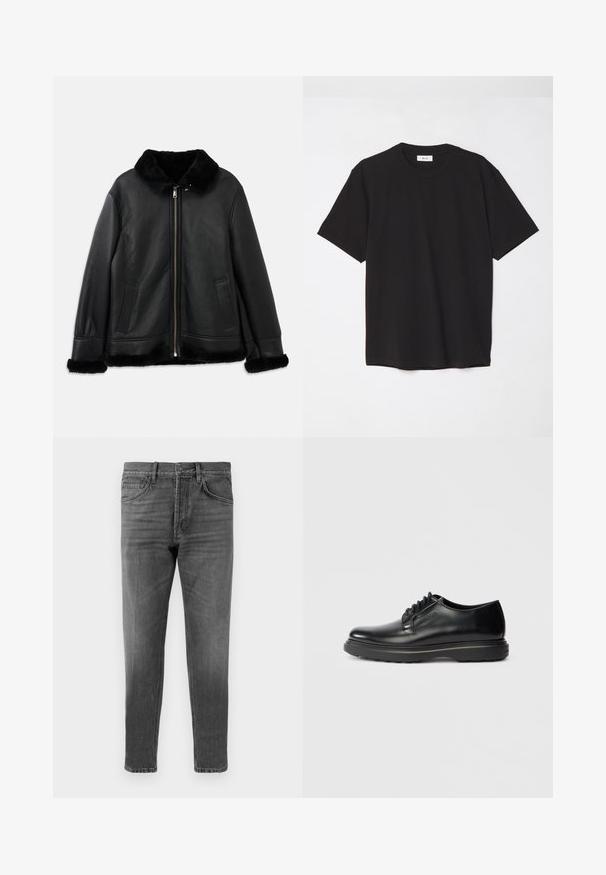 Fekete bőr dzseki puha szőrmével a galléron, az ujjakon és az alján, elöl cipzárral és két függőleges zsebbel.; Fekete pamut póló kerek nyakkal, rövid ujjakkal és laza szabással. Egyszerű dizájn, sima textúra, látható minták vagy logók nélkül.; Szürke farmernadrág egyenesen szabott lábbal, klasszikus öt zsebes kialakítással és enyhe kopással. Gombos és cipzáras záródás derékban.; Fekete bőr, fűzős Oxford cipő, vastag talppal, az oldalán "WATERMAN" felirattal, profilból megjelenítve, világos szürke háttéren.