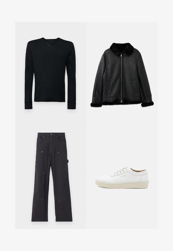 Must musta mantel pehmea karusnaha krae, otsmikuosade ja hemiga, ees luku ja kahe lõhiku taskuga.; Must have pikkade varrukatega must särk, mis on valmistatud pehmest kangast, kus on ümmargune kaelus ja vasakul õlal viis dekoratiivset nuppu ning soonikkoes mansetid.; Mustad mustad püksid, mis on valmistatud vastupidavast kangast, sirge sääre disainiga, esipocketside, nööbiga ja külgmiste utiliitpocketsidega.; Valge nahkne tenniseking, millel on tekstureeritud pind, ümar varbaosa, beež kummitald ning kuus halli paeldokki, millel on külgedel õrn brändimingutus.