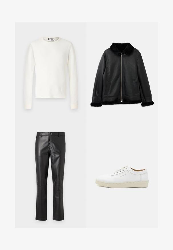 Zwarte leren jack met een zachte bontkraag, -manchetten en -zoom, voorzien van een rits aan de voorkant en twee schuine zakken.; Witte thermoshirt met lange mouwen, ribbelstructuur, ronde hals en gebande mouwen. Eenvoudig ontwerp zonder patronen of extra accenten.; Zwarte leren broeken met een gladde textuur, recht model en subtiele stiksel langs de naden. Voorzien van een knoopsluiting in de taille.; Witte leren sneaker met een gestructureerde afwerking, ronde neus, beige rubberen zool en zes grijze vetersleuven, met onopvallende branding aan de zijkant.