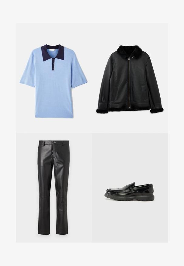 Černá kožená bunda s měkkým kožešinovým límcem, manžetami a spodním lemem, s předním zipem a dvěma bočními kapsami.; Světle modrá polokošile s krátkým rukávem, tmavě modrým límcem a zapínáním na tři knoflíky. Texturovaná tkanina s měkkým a prodyšným povrchem.; Černé kožené kalhoty s hladkou texturou, rovnými nohavicemi a jemným švem podél švů. Obsahují knoflíkové zapínání v pase.; Černé kožené mokasíny s lesklým povrchem, kulatou špičkou, nenápadnými švy a silnou gumovou podrážkou pro odolnost.