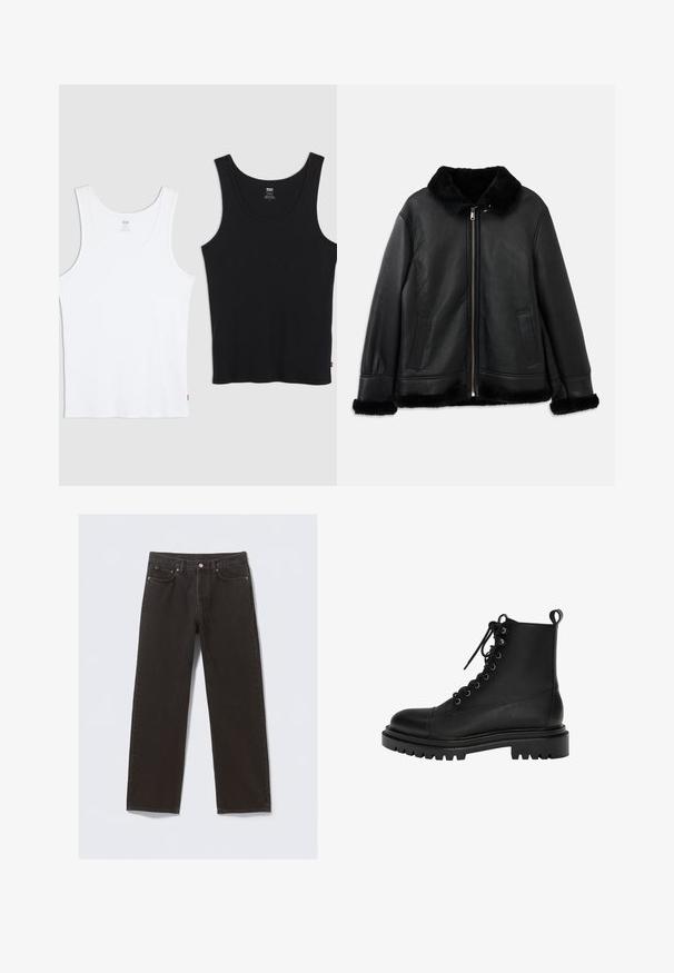 Czarna skórzana kurtka z miękkim futrzanym kołnierzem, mankietami i dołem, z zapięciem na zamek błyskawiczny z przodu oraz dwoma kieszeniami w formie szczelin.; Dwa bawełniane topy na ramiączkach, jeden biały, drugi czarny, każdy o prążkowanej fakturze, okrągłym dekolcie i małym czerwonym logo na dolnym brzegu.; Czarne dżinsy o prostym kroju, pięć kieszeni oraz miedziane przeszycia. Gładka textura, klasyczne zapięcie na guzik w talii.; Czarne skórzane botki za kostkę z okrągłym noskiem, sznurowanym przodem, metalowymi oczkami i grubą, teksturowaną gumową podeszwą.