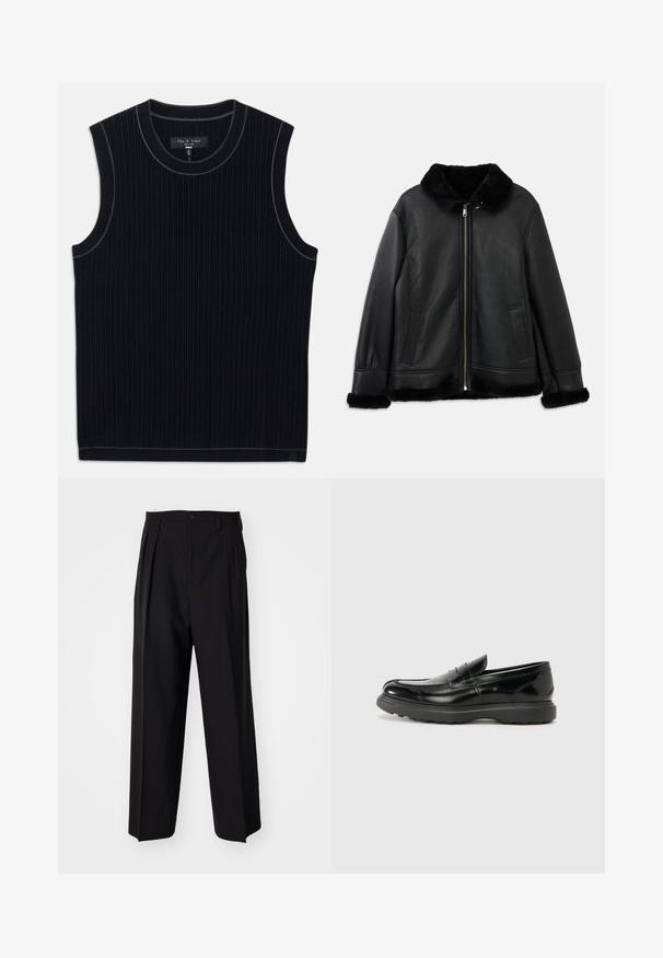 Casaco de cabedal preto com colarinho de pelúcia suave, punhos e bainha, apresentando um fecho éclair frontal e dois bolsos laterais.; Top preto sem mangas feito de tecido canelado, apresentando um decote redondo e bainha limpa. Detalhe de contraste subtil ao longo do decote.; Calças pretas plissadas com um design reto e de perna larga. Feitas de um tecido liso, apresentam um fecho de botão e passantes para cinto.; Mocassim de couro preto com acabamento brilhante, bico arredondado, detalhes de costura subtil e sola de borracha espessa para durabilidade.