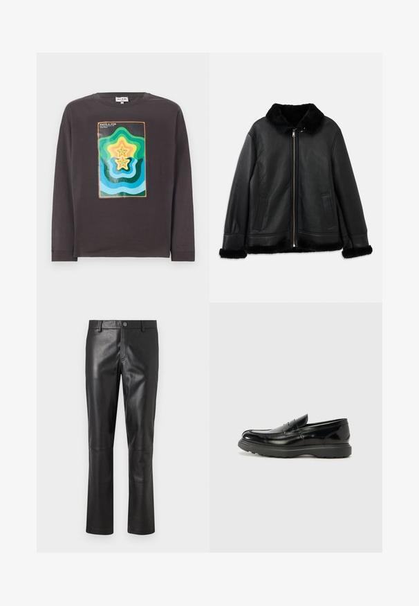 Must musta mantel pehmea karusnaha krae, otsmikuosade ja hemiga, ees luku ja kahe lõhiku taskuga.; Tumehallid pika varrukaga T-särk, millel on värvikas geomeetriline kujundus lainete ja tähtedega rohelises, sinises, kollases ja oranžis.; Mustad nahkpüksid suju pinnaga, sirge säärega disain ja peen õmblus õmbluste ümber. Omab nupuga kinnitust vöökoht. ; Must musta nahk loafer läikiva viimistlusega, ümar varvas, delikaatsed õmblusdetailid ja paks kummist tallad vastupidavuse tagamiseks.