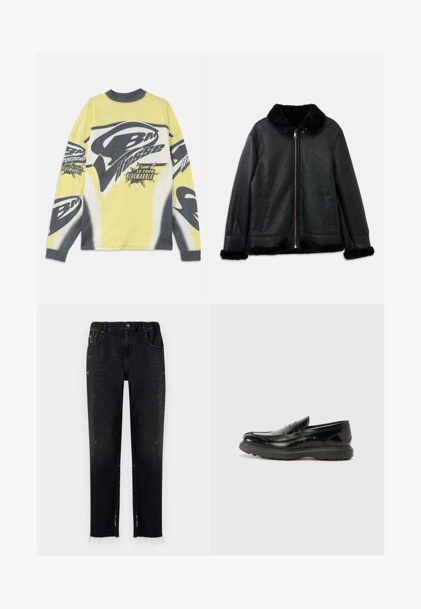 Fekete bőr dzseki puha szőrmével a galléron, az ujjakon és az alján, elöl cipzárral és két függőleges zsebbel.; Hosszú ujjas ing sárga és szürke pamutból, merész grafikai dizájnnal, amelyen "BM" és "Le Tour" szöveg, valamint absztrakt minták találhatók.; Fekete farmernadrág rugalmas derékkal, egyenes szabással, koptatott részletekkel és rojtos szegéllyel. Zsebekkel és gombos záródással rendelkezik.; Fekete bőr loafer, fényes felülettel, kerek orral, diszkrét varrási részletekkel és vastag gumitalppal a tartósság érdekében.
