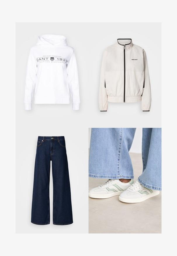 Calvin Klein Jeans RETRO TRACK JACKET - Treniņjaka - tofu; Balts kapucis džemperis ar priekšējo grafiku, kurā attēlots "GANT 1949", svītras un vairogs. Izgatavots no mīksta auduma ar brīvu piegriezumu.; Plati kāju tumši zili džinsu bikses ar augstu jostasvietu, priekšējām kabatām un pogu aizdari. Iezīmē kontrasta šuvju apdari un gludu tekstūru.; Baltas sporta apavi ar gaiši zaļiem akcentiem, teksturēta āda un plakanām gumijas zolems. Savienoti ar platām džinsa biksēm.