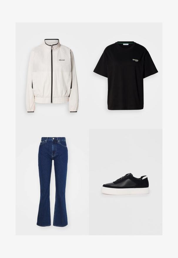 Calvin Klein Jeans RETRO TRACK JACKET - Giacca sportiva - tofu; T-shirt in cotone nero con maniche corte, caratterizzato da un piccolo logo verde sul lato sinistro del petto. Classico colletto a girocollo, vestibilità rilassata.; Jeans svasati blu scuro realizzati in denim, con vita alta, chiusura con zip e bottone, e cinque tasche con leggero effetto di sbiancatura.; Sneaker nera con pannelli in pelle liscia e suede, lacci piatti, punta arrotondata e suola in gomma bianca. Logo distintivo sul tallone.