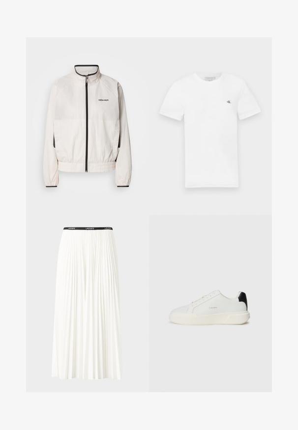 Calvin Klein Jeans RETRO TRACK JACKET - Spordijakk - tofu; Valge puuvillane T-särk lühikeste varrukatega ja ümmarguse kaelusega. Vasakul rinnal on väike must "ck" logo. Sile tekstuur.; Kurtitudega valge seelik musta elastse vööga, millel on "LACOSTE" logo. Keskmise pikkusega disain pehme tekstuuriga.; Valge tennisepaar, millel on sile nahkpealne, ümar nina, paelakinnitus ja kontrastne must kannaaktsent. Omab tekstuurset kummitalda.