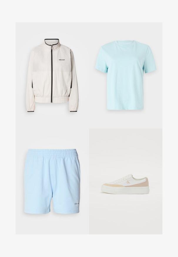 Calvin Klein Jeans RETRO TRACK JACKET - Športna jakna/jopica - tofu; Svjetloplavi pamučni majica s kratkim rukavima, okruglim izrezom i suptilnim vezom 'Calvin Klein' na prednjoj strani.; Svetlo modri kratki hlače z elastičnim pasom, ki imajo logo "Calvin Klein" blizu robu, prikazani na nevtralni podlagi.; Bela športna obutev z svetlo bež detajli, platneno zgornjišče, ravno belo podplat, okrogla konica in vezen logotip ob strani.