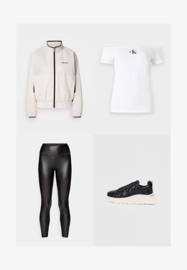 Calvin Klein Jeans - Kurtka sportowa; Biała bluzka typu off-the-shoulder, krótki rękawek, wykonana z bawełny, z czarnym logo "CK" i napisem nadrukowanym z przodu. Gładka tekstura.; Czarne legginsy z wysokim stanem, wykonane z błyszczącego materiału. Mają dopasowany krój i gładką teksturę bez widocznych szwów.; Czarne sneakersy pikowane z teksturowaną cholewką, białą masywną podeszwą i czarnymi sznurówkami, z akcentem na pięcie z logo oraz wyściełanym kołnierzem.