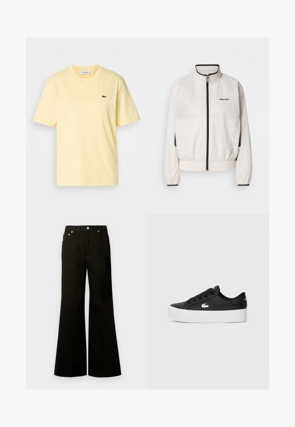 Calvin Klein Jeans RETRO TRACK JACKET - Training jacket - tofu; Yellow cotton t-shirt with short sleeves and a crew neckline. Features a small green embroidered crocodile logo on the chest.; Black high-waist wide-leg jeans with front button and zipper, belt loops, and five pockets including a small coin pocket.; Black low-top sneaker made of synthetic material, featuring a white rubber sole, black laces, and a small white logo on the side.