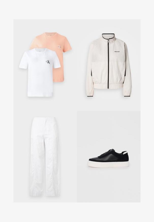 Calvin Klein Jeans RETRO TRACK JACKET - Spordijakk - tofu; Kaks lühikeste varrukatega T-särki: üks valge musta CK logo ja teine helepeach väiksema CK logo'ga, mõlemad pehmest puuvillast.; Valged laiad püksid, mis on valmistatud kergetest materjalidest, omades siledat tekstuuri, puhtaid jooni ja kõrget vöökohta.; Mustad mustad spordijalanõud siledast nahast ja sametist paneelidega, lame nööriga, ümar varvas ja valge kummist tallaga. Erakordne logo kontsas.