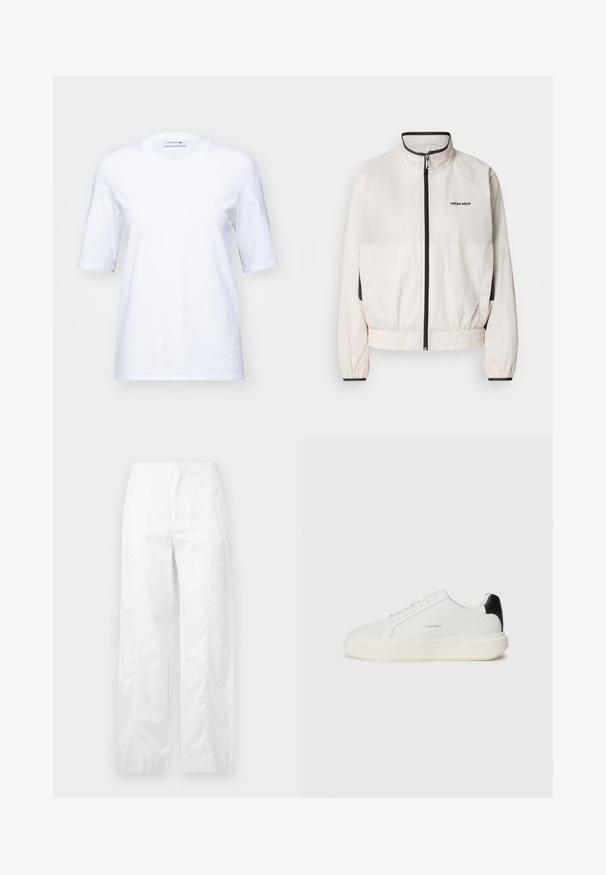 Calvin Klein Jeans RETRO TRACK JACKET - Μπουφάν προπόνησης - tofu; Λευκό βαμβακερό T-shirt με κοντά μανίκια, στρογγυλή λαιμόκοψη και διακριτό κεντημένο λογότυπο στο στήθος. Λείο ύφασμα, κλασική εφαρμογή.; Λευκά παντελόνια με φαρδιά γραμμή, κατασκευασμένα από ελαφρύ ύφασμα, με απλή υφή, καθαρές γραμμές και ψηλή ζώνη.; Λευκό αθλητικό παπούτσι με λείο δερμάτινο επάνω μέρος, στρογγυλή μύτη, κλείσιμο με κορδόνια και αντίθετο μαύρο χρωματιστό επάνω μέρος στη φτέρνα. Διαθέτει υφασμάτινη σόλα από καουτσούκ.